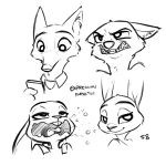  alec8ter ambiguous_gender anthro black_and_white buckteeth burping canid canine cheek_tuft clothed clothing disney expression_sheet fox half-closed_eyes head_tuft hi_res holding_object judy_hopps lagomorph leporid mammal monochrome nick_wilde open_mouth rabbit sharp_teeth signature simple_background smile solo teeth tuft white_background zootopia 