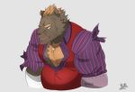  anthro barghest_(tas) body_hair brown_fur chest_hair clothed clothing fur hair hi_res male mammal muscular muscular_male orange_hair pendant red_eyes scar signature solo subaru_aotk tokyo_afterschool_summoners topwear ursid video_games 