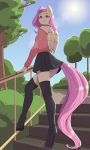  absurd_res anthro bottomwear choker clothed clothing equid equine female fluttershy_(mlp) friendship_is_magic hair hi_res jewelry mammal my_little_pony necklace outside pewas pterippus skirt solo stairs sun tree wings 