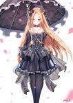  1girl abigail_williams_(fate/grand_order) bangs bare_shoulders black_bow black_dress black_flower black_headwear black_legwear black_rose black_umbrella blonde_hair blue_eyes blush bow breasts closed_mouth collarbone dress dust9 eyebrows_visible_through_hair fate/grand_order fate_(series) flower frilled_dress frills hair_bow hat highres holding holding_umbrella juliet_sleeves long_hair long_sleeves looking_at_viewer orange_bow pantyhose parted_bangs petals pleated_dress puffy_sleeves rose see-through signature small_breasts solo strapless strapless_dress umbrella very_long_hair white_background 