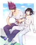  2boys beard black_footwear black_hair cloud collarbone commentary_request danganronpa day drinking eyebrows_visible_through_hair facial_hair goatee hair_between_eyes highres holding in_mouth long_sleeves looking_up male_focus momota_kaito multiple_boys nanin new_danganronpa_v3 ouma_kokichi pants purple_eyes purple_hair purple_pants shirt shoes short_hair short_sleeves sitting sleeves_past_wrists spiked_hair straitjacket sweat teeth white_shirt 