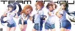  5girls akiyama_yukari alternate_costume alternate_hairstyle bangs black_hair blue_shorts brown_eyes brown_hair dango eyebrows_visible_through_hair food girls_und_panzer glasses gym_uniform hairband highres isuzu_hana long_hair looking_at_viewer messy_hair multiple_girls nishizumi_miho open_mouth pairan ponytail red-framed_eyewear reizei_mako semi-rimless_eyewear short_hair short_sleeves shorts simple_background takebe_saori under-rim_eyewear wagashi white_background white_hairband 