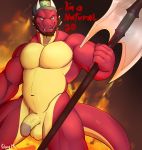  anthro axe balls beard dialogue dragon english_text facial_hair flaccid hi_res horn humanoid_penis looking_at_viewer male meanxtreamx3_(artist) melee_weapon muscular muscular_male nude penis smile solo text vein weapon 