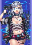  1girl bangs barcode_tattoo belt blue_background blue_eyes blunt_bangs breasts choker cleavage collarbone cowboy_shot cuffs cyborg eyebrows_visible_through_hair eyepatch finger_on_trigger gia gloves gun gun_to_head half_gloves handcuffs highres holding holding_gun holding_weapon long_hair looking_at_viewer mechanical_arm midriff mole mole_on_breast navel open_fly open_mouth original short_shorts shorts silver_hair single_glove standing symbol_in_eye tattoo thigh_strap tongue tongue_out torn_clothes weapon zipper 