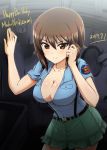  1girl alternate_costume aoshidan_school_uniform bangs belt blue_shirt blush body_blush breasts buckle character_name cleavage collarbone dated diesel-turbo english_text girls_und_panzer green_skirt ground_vehicle hair_between_eyes happy_birthday impossible_clothes impossible_shirt large_breasts military military_vehicle motor_vehicle nishizumi_maho school_uniform shiny shiny_hair shiny_skin shirt short_sleeves skirt smile solo suspenders tank tank_interior 