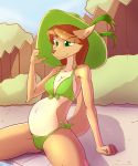  anthro belly big_belly bikini canid canine canis clothing cute_fangs female fence hat headgear headwear hi_res kanashiipanda mammal olivia_hart pregnant sitting solo swimming_pool swimwear wolf 