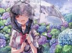  ayatsuki_sugure black_hair clouds flowers original rain red_eyes seifuku sky umbrella water 