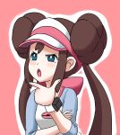  awesomeerix bangs blue_background blue_eyes blush brown_hair double_bun hat highres mei_(pokemon) open_mouth pale_skin pantyhose pink_headwear poke_ball pokemon pokemon_(anime) pokemon_(game) pokemon_masters thinking thinking_emoji tongue tongue_out twintails upper_body white_headwear 