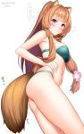  1girl animal_ear_fluff animal_ears artist_name ass bangs bare_arms bare_shoulders bikini blunt_bangs blush breasts brown_hair commentary_request eyebrows_visible_through_hair green_bikini hand_on_hip heart heavy_breathing kanzaki_muyu long_hair looking_at_viewer medium_breasts navel ponytail raccoon_ears raccoon_tail raphtalia red_eyes sidelocks simple_background smile solo swimsuit tail tate_no_yuusha_no_nariagari thighs translated twitter_username white_background 