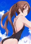  1girl ass black_swimsuit blue_sky brown_eyes brown_hair casual_one-piece_swimsuit cloud commentary_request cowboy_shot flat_chest girls_und_panzer kadotani_anzu lens_flare long_hair looking_at_viewer one-piece_swimsuit parted_lips sky smile solo swimsuit twintails yumesato_makura 