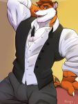  anthro bulge clothed clothing ear_piercing felid fur hair hi_res looking_at_viewer male mammal meanxtreamx3_(artist) muscular muscular_male open_mouth pantherine piercing solo tiger 