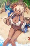  1girl :d bare_legs bare_shoulders beach bikini breasts clam cleavage collarbone creature dark_skin dragon flower from_above front-tie_bikini front-tie_top granblue_fantasy hair_between_eyes hair_flower hair_ornament halterneck large_breasts leaf long_hair looking_at_viewer nagu navel off_shoulder open_clothes open_mouth open_shirt red_eyes red_flower sand shirt silver_hair sitting smile solo starfish stomach swimsuit thighs very_long_hair water white_bikini white_shirt wing_collar zooey_(granblue_fantasy) 