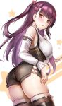  1girl ass bangs black_shorts blush boots breasts detached_sleeves eyebrows_visible_through_hair girls_frontline hair_ribbon large_breasts long_hair looking_at_viewer one_side_up open_mouth purple_hair qian_wu_atai red_eyes red_ribbon ribbon shirt shorts skirt solo suspender_shorts suspenders thigh_boots thighhighs twisted_torso very_long_hair wa2000_(girls_frontline) white_legwear white_shirt 