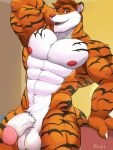  anthro balls ear_piercing ear_ring eyebrow_piercing facial_piercing felid flaccid fur hair hi_res humanoid_penis looking_at_viewer male mammal meanxtreamx3_(artist) muscular muscular_male nipples nude open_mouth pantherine pecs penis piercing solo tiger vein 
