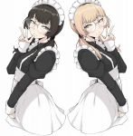  2girls blonde_hair brown_eyes brown_hair closed_mouth eyebrows freckles glasses highres ina_(gokihoihoi) long_hair long_sleeves looking_at_viewer low_twintails maid maid_headdress multiple_girls original simple_background twintails v white_background 