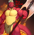  anthro axe beard clothing dialogue dragon english_text facial_hair hi_res horn loincloth looking_at_viewer male meanxtreamx3_(artist) melee_weapon muscular muscular_male smile solo text weapon 