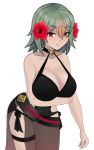  1girl black_swimsuit breasts cleavage closed_mouth dark_skin desspie fire_emblem fire_emblem_heroes flower gradient_hair green_hair hair_flower hair_ornament highres laegjarn_(fire_emblem) large_breasts multicolored_hair orange_hair red_eyes sarong short_hair simple_background smile solo swimsuit thigh_strap white_background 