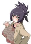  1girl black_eyes black_hair blush bodysuit breasts cleavage dango fishnet_bodysuit fishnets food headband large_breasts looking_at_viewer mitarashi_anko naruto naruto_(series) nipples ponytail simple_background solo tawashi1623 tongue tongue_out wagashi white_background 