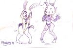  2019 3_toes alternate_costume anthro badge blush bottomwear clothed clothing clothing_swap confusion covering crossover disney duo embarrassed female fingerless_gloves fully_clothed gloves graphite_(artwork) handwear hi_res jill_hopkins judy_hopps lagomorph leporid line_art mammal melee_weapon miniskirt nunchaku panties pencil_(artwork) police_uniform rabbit shaded shirt sketch skirt standing thick_thighs toes toony topwear traditional_media_(artwork) underwear uniform weapon wind windy yvngbird zootopia 