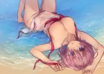  1girl barefoot beach blue_eyes breasts cleavage collarbone commentary_request dress fate/grand_order fate_(series) highres large_breasts looking_at_viewer lying mash_kyrielight on_back pink_hair purple_eyes sand short_hair solo swimsuit wet wet_clothes wet_dress white_dress yok01 