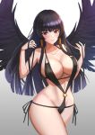  1girl alternate_costume bangs black_hair black_swimsuit black_wings blunt_bangs breasts cleavage cowboy_shot dead_or_alive gradient gradient_background groin hair_ornament hair_tubes hand_in_hair hands_up highres hime_cut large_breasts long_hair looking_at_viewer mole mole_under_mouth navel nyotengu o-ring purple_eyes rothy_(user_cezn8425) simple_background smile solo swimsuit thighs wings 