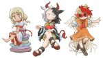  3girls animal animal_ears animal_on_head ascot barefoot bird bird_wings black_hair blonde_hair blouse boots chamaji chick commentary_request cow_ears cow_horns cow_tail dress ebisu_eika eyebrows_visible_through_hair haori horns japanese_clothes looking_at_viewer multicolored_hair multiple_girls niwatari_kutaka on_head red_hair sandals short_sleeves simple_background sitting sitting_on_rock skirt smile statue stone tail touhou two-tone_hair ushizaki_urumi wily_beast_and_weakest_creature wings 