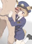  2boys animal_ears blush brown_eyes censored clothed_male_nude_male cuffs cum dog_ears dog_tail dogboy handcuffs light_brown_hair multiple_boys necktie nude one_eye_closed open_mouth original penis pointless_censoring police police_uniform shorts tail tears uniform utsunomiya_hetaru yaoi 