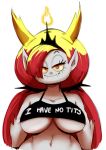  barurud_(artist) big_breasts breasts cleavage clothed clothing demon hair hair_over_eye hekapoo hi_res horn horned_humanoid humanoid lies mammal red_hair star_vs._the_forces_of_evil under_boob white_skin 