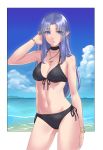  1girl beach bikini black_bikini border bracelet breasts caster choker cloud crescent eyebrows_visible_through_hair fate/stay_night fate_(series) front-tie_top highres hikichi_sakuya island jewelry lipstick long_hair makeup medium_breasts necklace pointy_ears purple_eyes purple_hair purple_lipstick sky solo swimsuit water white_border 