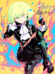  1boy belt black_gloves black_jacket blonde_hair cravat crossed_legs fire frown gloves green_hair half_gloves jacket lio_fotia looking_at_viewer male_focus promare purple_eyes solo uzukinoko 