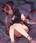  1girl bare_tree black_dress black_headwear braid breasts china_dress chinese_clothes commentary_request dress dutch_angle fate/grand_order fate_(series) feet_out_of_frame fingernails hair_rings hat horns knees_up long_sleeves looking_at_viewer oni oni_horns parted_lips pelvic_curtain purple_eyes purple_hair red_nails sharp_fingernails shuten_douji_(fate/grand_order) sitting small_breasts solo tongue tongue_out tree very_long_fingernails wide_sleeves yura_(botyurara) 