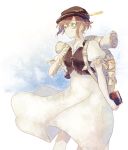  1girl book brown_hair chizu_(fiute) dress feathers green_eyes hat jewelry long_hair octopath_traveler short_hair simple_background smile solo tressa_(octopath_traveler) white_background 