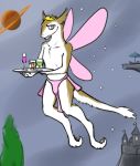  2011 alcohol beverage bulge castle clothed clothing crown digital_media_(artwork) digitigrade fluffy_ears flying frown loincloth long_tail male micro mostly_nude outside planet sad sergal serving_tray solo space star test_pattern tiara topless wings 