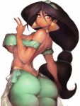  1girl :o aladdin_(disney) aqua_pants ass bare_shoulders black_hair breasts brown_eyes collar commentary dark_skin earrings from_behind fumio_(rsqkr) highres jasmine_(disney) jewelry large_breasts long_hair looking_at_viewer looking_back parted_lips simple_background solo thick_thighs thighs underboob very_long_hair white_background wide_hips 