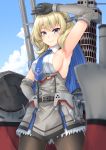  1girl ass_visible_through_thighs black_gloves black_legwear blonde_hair blue_eyes blue_neckwear blue_sky breasts cannon capelet cloud colorado_(kantai_collection) commentary_request dress elbow_gloves garrison_cap gloves grey_dress hat headgear highres kantai_collection large_breasts machinery necktie pantyhose pleated_dress pose sano_souichi shirt short_hair side_braids sideboob sky sleeveless solo standing white_shirt 