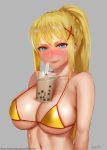  1girl arms_at_sides artist_name bare_shoulders blonde_hair blue_eyes blush braid breasts bubble_tea bubble_tea_challenge closed_mouth collarbone cup darkness_(konosuba) disposable_cup drinking_straw easonx grey_background hair_between_eyes hair_ornament high_ponytail kono_subarashii_sekai_ni_shukufuku_wo! large_breasts long_hair looking_at_viewer navel nose_blush object_on_breast raised_eyebrows shiny shiny_hair shiny_skin sidelocks simple_background skindentation smile swimsuit underboob upper_body watermark web_address x_hair_ornament yellow_bikini_top 
