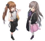  2girls :3 ascot bag bangs black_dress black_shorts blush brown_eyes brown_hair collared_shirt crossed_bangs dress eyebrows_visible_through_hair girls_frontline hair_between_eyes hair_ornament hand_on_hip hand_up hands_on_hips highres ina_(inadiary) long_hair looking_at_viewer multiple_girls one_side_up scar scar_across_eye shirt shoes shorts shoulder_bag simple_background sleeveless sleeveless_shirt smile sneakers ump45_(girls_frontline) ump9_(girls_frontline) white_background white_shirt yellow_eyes younger 