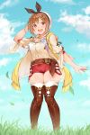  1girl :d atelier_(series) atelier_ryza belt blue_sky breasts brown_eyes brown_hair brown_legwear cleavage cloud commentary_request eyebrows_visible_through_hair fumikiri grass hair_ornament hairclip highres jewelry looking_at_viewer medium_breasts navel necklace open_mouth red_shorts reisalin_stout short_hair short_shorts shorts sky smile solo standing star teeth thighhighs thighs upper_teeth white_headwear white_legwear 