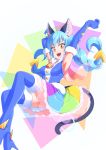  1girl :d animal_ear_fluff animal_ears arm_up armpits blue_footwear blue_gloves blue_hair blush boots braid brown_eyes cat_ears cat_tail cure_cosmo elbow_gloves full_body gloves highres long_hair looking_at_viewer magical_girl multicolored multicolored_background multicolored_clothes multicolored_skirt open_mouth precure shiruppo skirt smile solo star_twinkle_precure tail thigh_boots thighhighs twin_braids yuni_(precure) zettai_ryouiki 