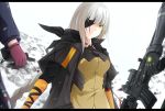  assault_rifle bangs black_gloves black_jacket blurry blurry_background braid breasts brown_hair brown_shirt closed_mouth commentary depth_of_field eyebrows_visible_through_hair eyepatch girls_frontline gloves gun highres holding holding_gun holding_weapon jacket keenh letterboxed long_hair long_sleeves looking_at_viewer m16a1_(girls_frontline) m16a1_(girls_frontline)_(boss) m4_carbine m4a1_(girls_frontline) medium_breasts mole mole_under_eye multicolored_hair object_namesake open_clothes open_jacket orange_hair pink_gloves rifle scar scar_across_eye shirt short_over_long_sleeves short_sleeves single_braid solo_focus st_ar-15_(girls_frontline) streaked_hair v-shaped_eyebrows very_long_hair weapon white_hair yellow_eyes 