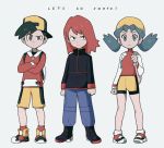  1girl 2boys backpack backwards_hat bag bike_shorts black_jacket blue_eyes blue_hair boots brown_eyes clenched_hands crossed_arms crystal_(pokemon) full_body gold_(pokemon) grey_background hat jacket mandi0pan messenger_bag multiple_boys parody pigeon-toed pokemon pokemon_(game) pokemon_gsc pokemon_lgpe red_hair red_legwear shorts shoulder_bag silver_(pokemon) simple_background socks style_parody turtleneck twintails yellow_shorts 