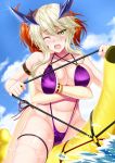  2girls alternate_costume artoria_pendragon_(all) artoria_pendragon_(lancer_alter) blonde_hair blush braid breast_grab breasts commentary_request fate/grand_order fate_(series) french_braid fujimaru_ritsuka_(female) grabbing grabbing_from_behind groping inflatable_toy large_breasts multiple_girls one_eye_closed open_mouth orange_hair purple_swimsuit riding shibata_rai sidelocks slingshot_swimsuit solo_focus sweat swimsuit yellow_eyes yuri 