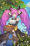  1girl animal apple artist_name bangs bare_shoulders bell black_bow black_sleeves blue_dress blue_sky bow breasts bug butterfly cleo_(dragalia_lost) cloud cloudy_sky collarbone commentary day detached_sleeves dragalia_lost dress english_commentary eyebrows_visible_through_hair food fruit hair_bell hair_between_eyes hair_ornament hentaki highres holding insect jingle_bell large_breasts long_hair long_sleeves o-ring outdoors purple_eyes purple_hair red_apple sidelocks sky sleeves_past_wrists solo strapless strapless_dress twintails very_long_hair watermark web_address 