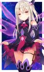  1girl absurdres ascot bangs black_dress black_legwear black_panties closed_mouth dress eyebrows_visible_through_hair fate/grand_order fate/kaleid_liner_prisma_illya fate_(series) hair_between_eyes hair_ornament highres illyasviel_von_einzbern long_hair looking_at_viewer one_side_up panties purple_wings red_eyes red_neckwear silver_hair sky smile solo star star_(sky) star_hair_ornament starry_sky testament_(fate) thighhighs transparent_wings underwear very_long_hair wings yuzuzukushi 