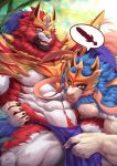  2019 abs anthro anthrofied blue_fur bulge canid canine clothing detailed_background duo fundoshi fur japanese_clothing legendary_pok&eacute;mon looking_at_viewer male mammal multicolored_fur muscular muscular_male navel nintendo open_mouth pecs pok&eacute;ball pok&eacute;mon pok&eacute;mon_(species) rabbity red_fur signature smile two_tone_fur underwear video_games white_fur yellow_eyes zacian zamazenta 