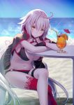  1girl ahoge backlighting bare_arms bikini black_bikini black_gloves blue_sky blurry breasts chair cleavage closed_mouth collarbone commentary_request crossed_legs depth_of_field drinking_straw expressionless fate/grand_order fate_(series) food fruit gloves halterneck horizon hurricane_glass jeanne_d&#039;arc_(alter_swimsuit_berserker) jeanne_d&#039;arc_(fate)_(all) large_breasts lens_flare light_rays long_hair long_sleeves looking_at_viewer navel ne-on ocean orange orange_slice outdoors red_legwear shrug_(clothing) silver_hair single_thighhigh sitting sky solo stomach sunlight swimsuit table thigh_strap thighhighs thighs tropical_drink very_long_hair yellow_eyes 
