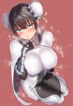  1girl arm_guards bangs black_hair blush bodysuit breasts bun_cover cape commentary_request double_bun fate/grand_order fate_(series) fingerless_gloves gloves green_eyes green_ribbon hair_ribbon hand_on_own_chest heavy_breathing highres izure_(pixiv16392012) large_breasts looking_at_viewer open_mouth qin_liangyu_(fate) red_background ribbon sidelocks simple_background solo sweat thighs white_bodysuit 