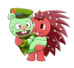  anthro blush bodily_fluids bridal_carry carrying clothing duo female flaky_(htf) flippy_(htf) fur green_fur happy_tree_friends hat headgear headwear male mammal mix_2180 porcupine red_fur rodent smile sweat ursid 