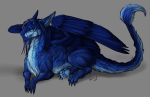 2019 blue_eyes blue_feathers blue_fur claws danero digital_media_(artwork) dragon feathered_wings feathers feral fur furred_dragon grey_background hi_res lying simple_background smile solo wings 