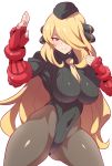  1girl ass_visible_through_thighs between_breasts black_legwear blonde_hair blush breasts brown_eyes cammy_white cammy_white_(cosplay) cosplay covered_navel fingerless_gloves gloves hair_over_one_eye hat highres konno_tohiro long_hair looking_at_viewer necktie necktie_between_breasts pantyhose pokemon pokemon_(game) pokemon_bw red_gloves shirona_(pokemon) simple_background smile solo street_fighter very_long_hair white_background 